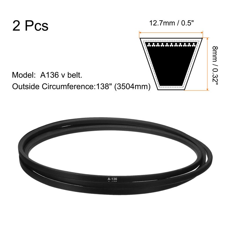 يو إكس سيل Uxcell قطعتان A136 أو 4L1380 حزام V مطاطي كلاسيكي ملفوف، 136 بوصة (3454 مم) محيط داخلي، حزام على شكل حرف V - Image 2